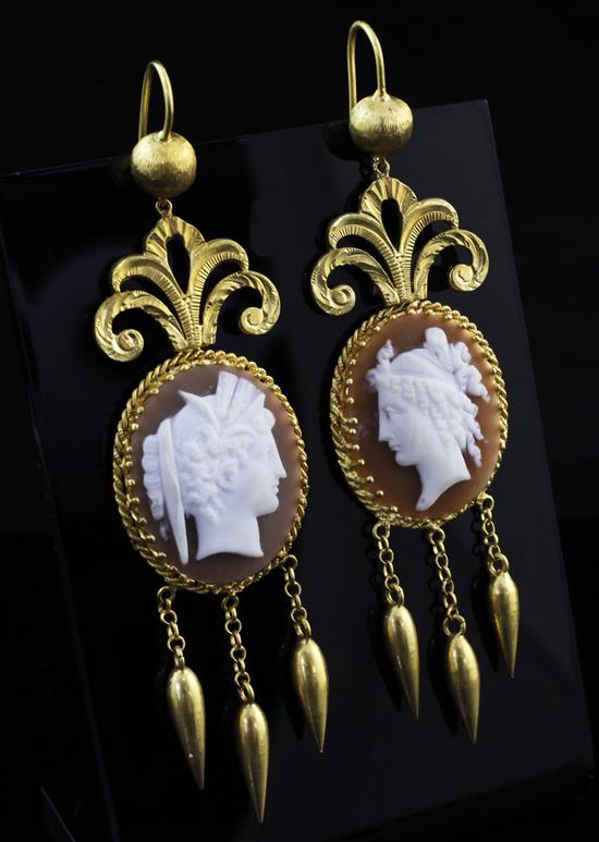 A pair of Victorian style gold and cameo drop earrings, overall 3.5in.